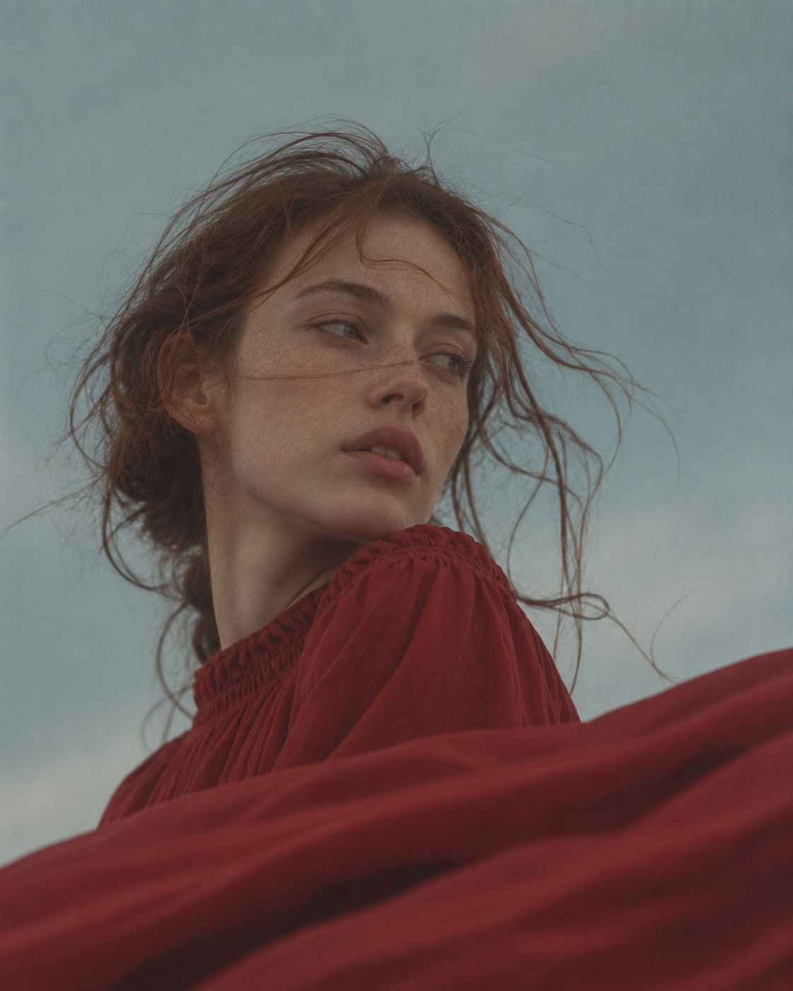 一位女子回眸凝望，红色织物掠过画面前景。